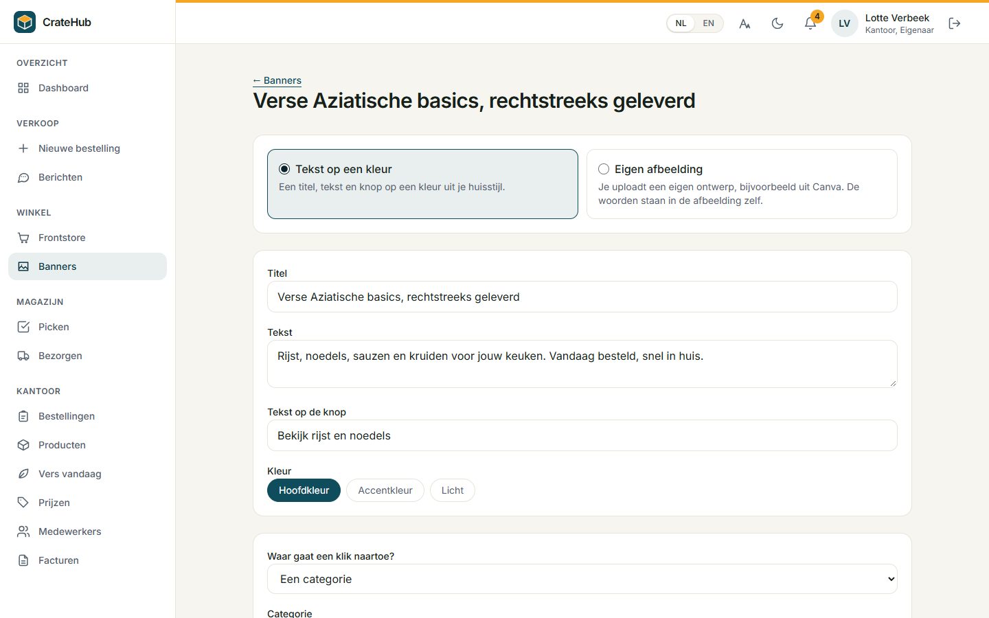 De bannereditor: titel, tekst en knop op een huiskleur, en waar een klik heen gaat