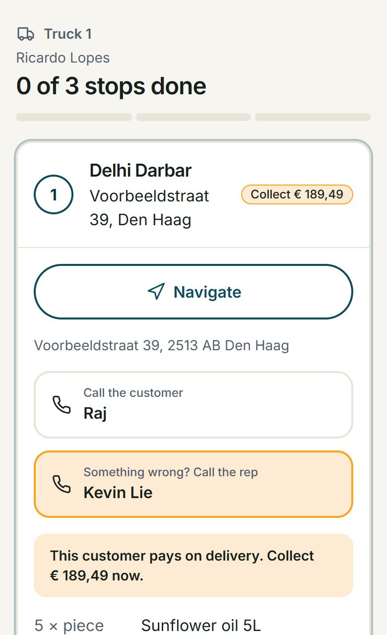 The driver's phone page: the first stop with a call button and cash to collect