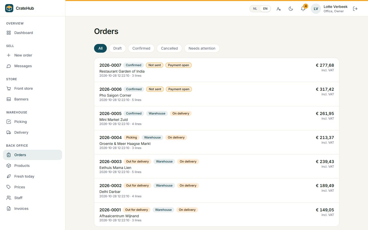 The office's order list: every order with its status, warehouse state, payment and total