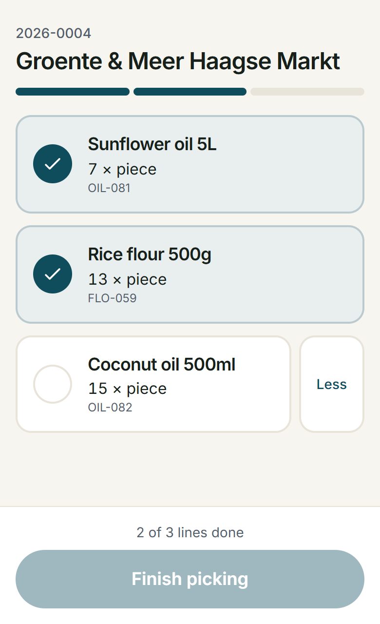 The pick checklist on a phone: two lines ticked, one open, no prices
