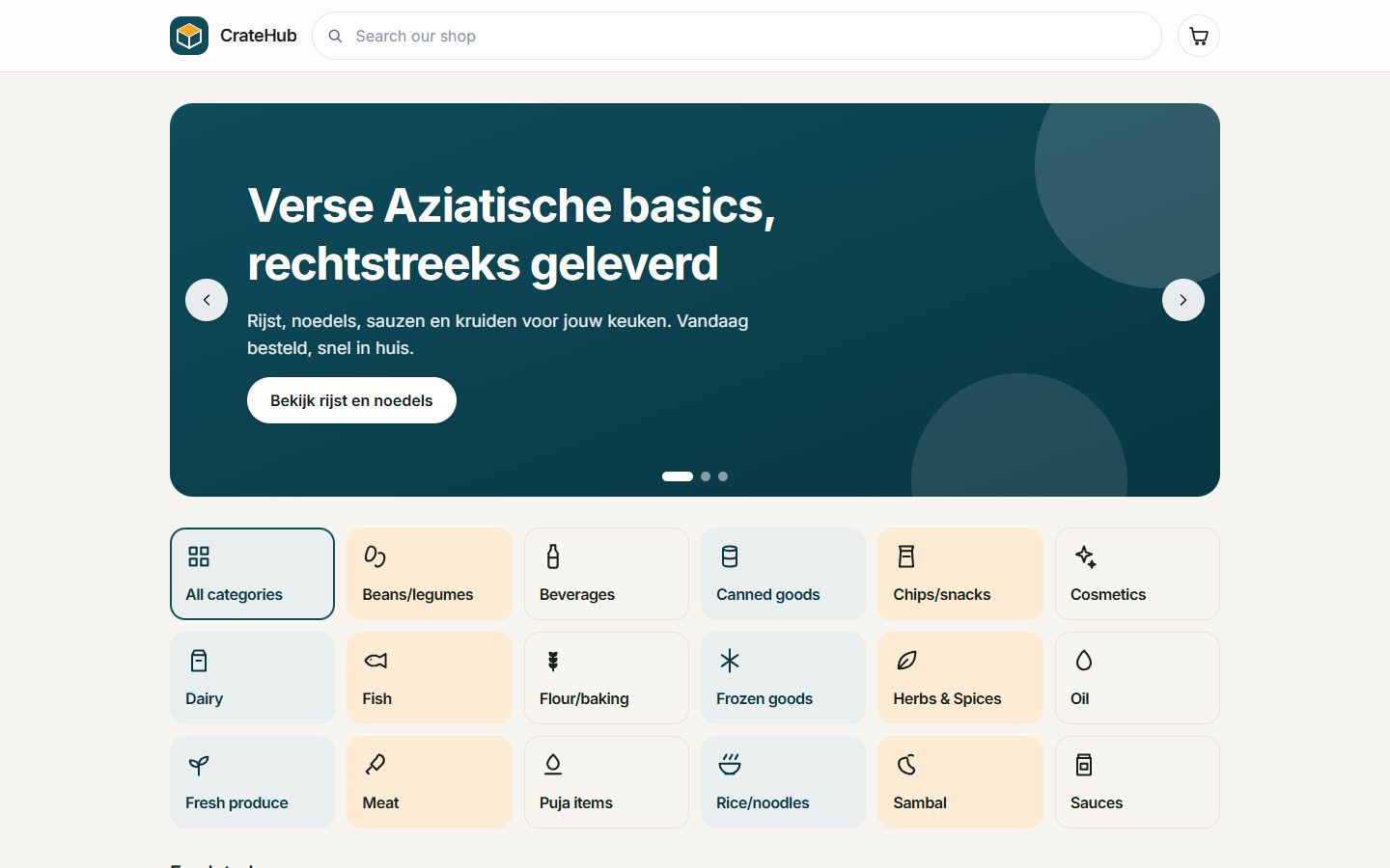The web shop: banners, category tiles and product cards with a buy box