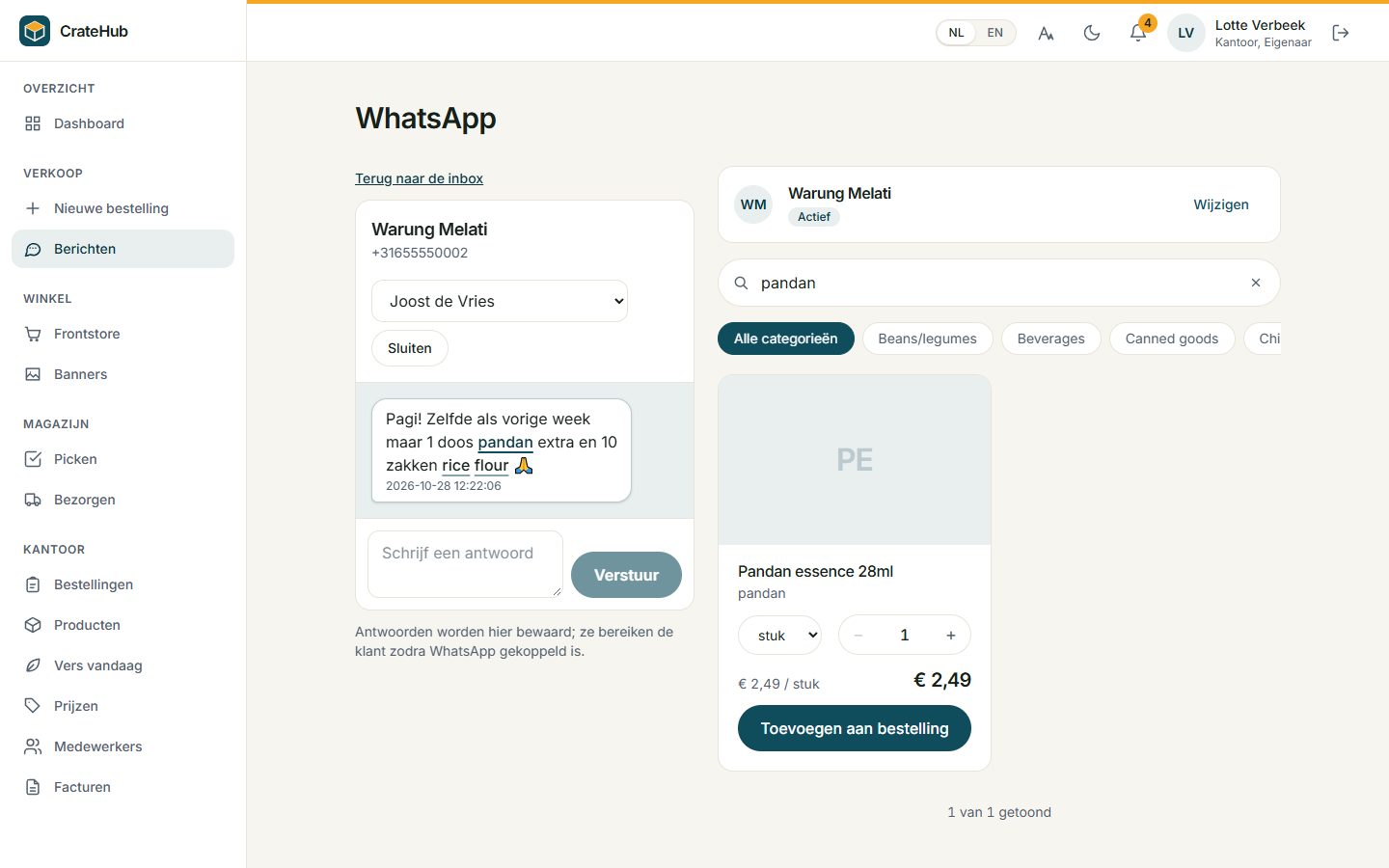 De WhatsApp-inbox: het bericht van Warung Melati naast het bestelscherm, het woord pandan in het bericht heeft Pandan essence gevonden